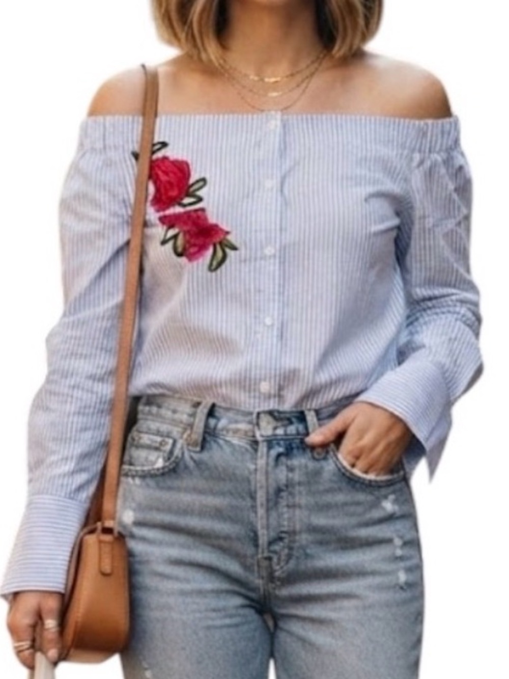 JAPNA Blue Pinstripe Off Shoulder Rose Applique Blouse S